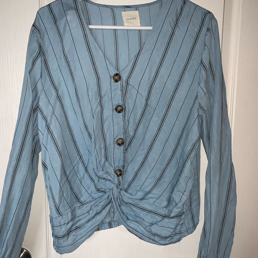 Blue and black striped twist front blouse